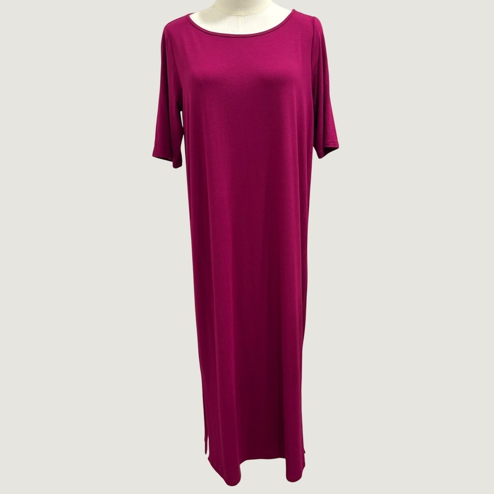 Eileen Fisher Magenta Viscose Stretch Jersey Short Sleeve T-Shirt Midi Dress S